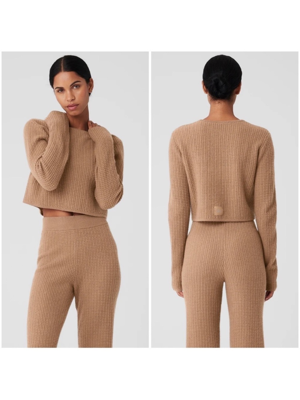 ALO Cashmere Plush Waffle Cropped Long Sleeve Toasted Almond Tan Size Small